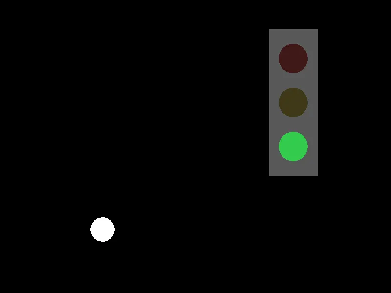 A traffic signal with the green lamp lit and a white ball far to the left