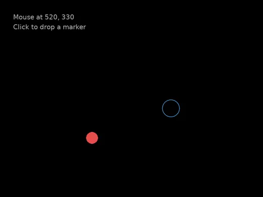 A black window with a blue ring following the mouse, a red marker where a click happened, and the mouse coordinates printed in the corner