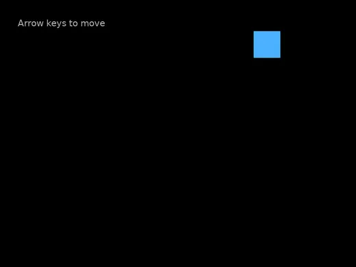 A blue square in the upper right of a black window with the words Arrow keys to move in the corner