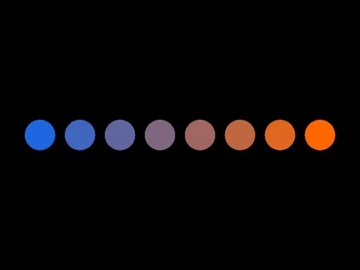 Eight circles in a row across a black window, shading from blue on the left to orange on the right