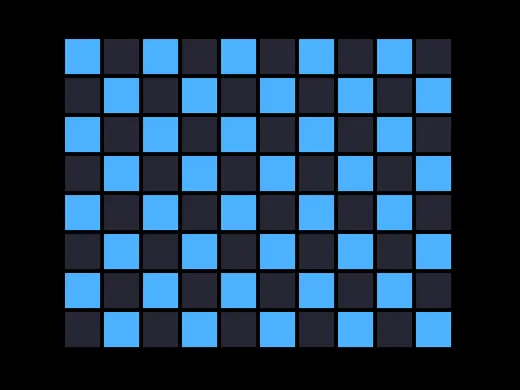A ten by eight checkerboard of blue and dark gray squares filling most of a black window