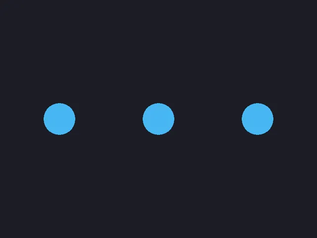 An 800 by 600 dark window with three light blue filled circles in a horizontal row, evenly spaced across the middle