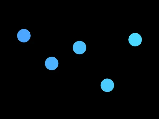 Five blue circles scattered at different heights across a black window