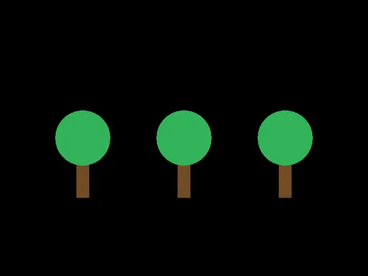Three identical green trees with brown trunks, evenly spaced across a black window