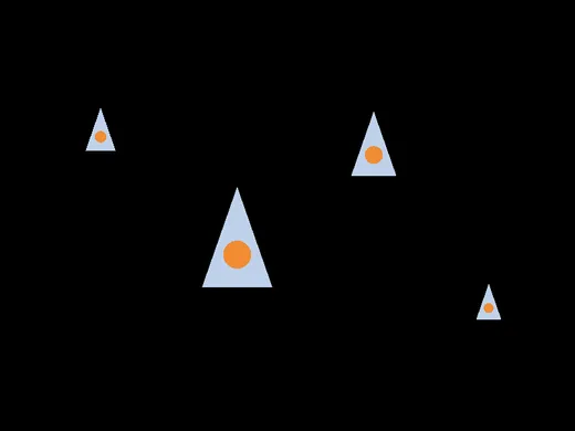 Four pale blue triangular ships of different sizes with orange portholes, scattered across a black window
