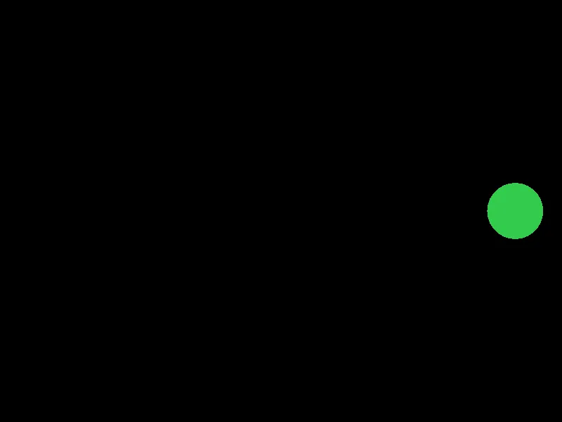 The ball green, moving right, close to the right wall