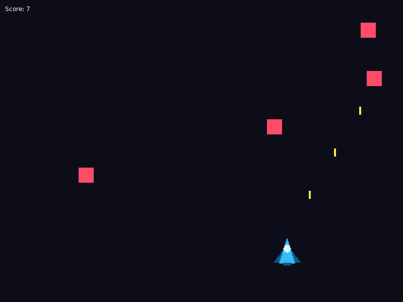 Gameplay with a score of 7, four enemies falling and three bullets rising