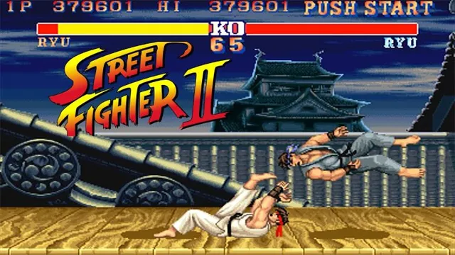 Street Fighter II gameplay. The HUD shows a score of 379601, a high score of 379601, two health bars, a countdown timer at 65, and both fighters labeled RYU