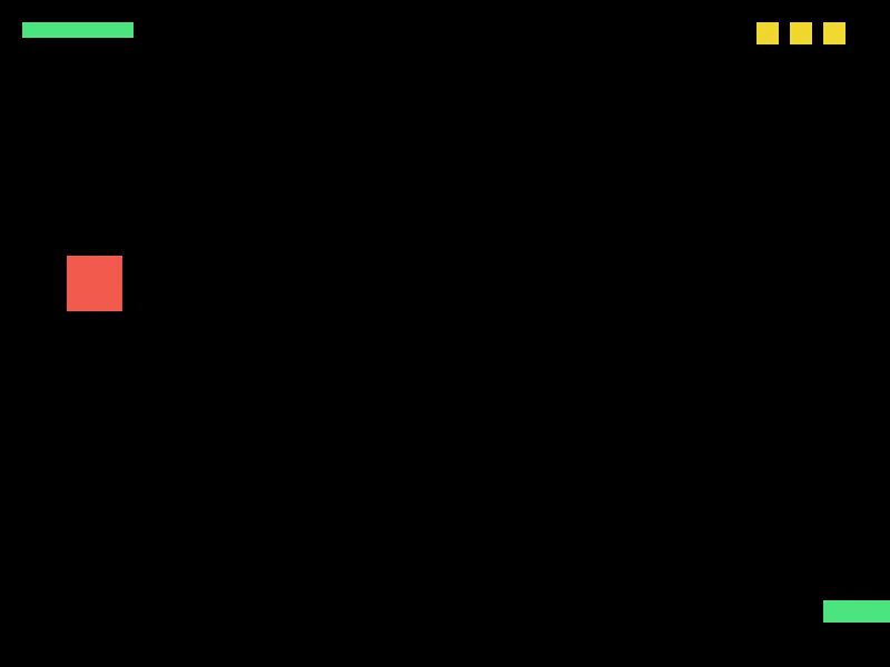A black 800 by 600 window with a green bar at the top left showing five dodges, three yellow squares at the top right for lives, a red block falling at the upper left, and a green player at the bottom right