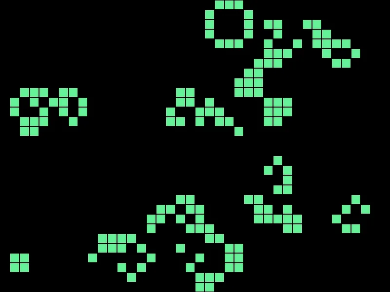 A black 800 by 600 window with clusters of green squares on a 40 by 30 grid, including several rings, blocks and diagonal chains