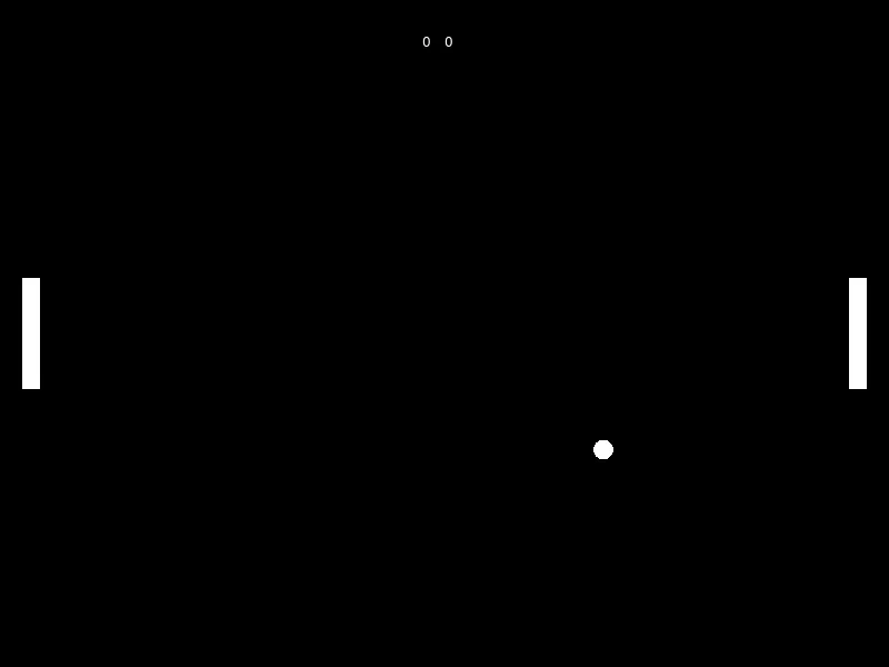 A black 800 by 600 window with a white paddle at the left edge, a white paddle at the right edge, a white ball below and right of center, and the score zero zero at the top