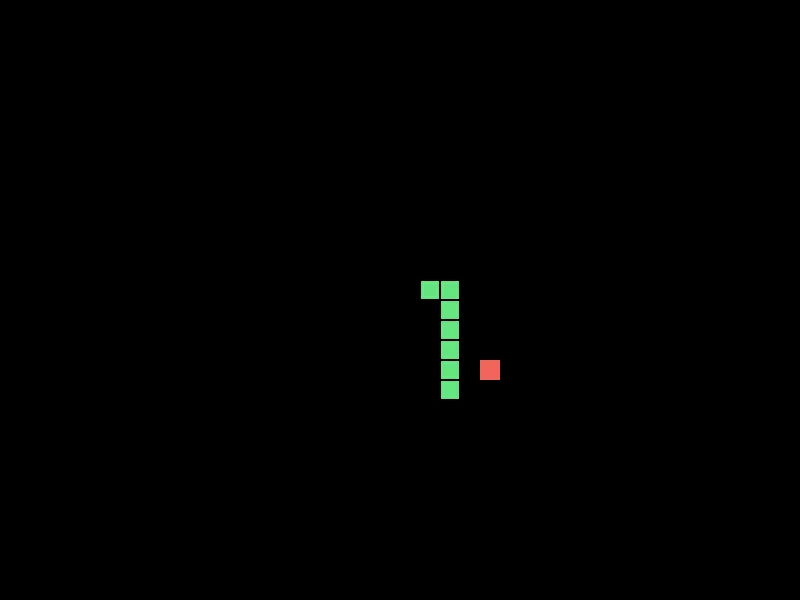 A black 800 by 600 window with a green snake eight segments long bending from horizontal to vertical, and a red food square to its right