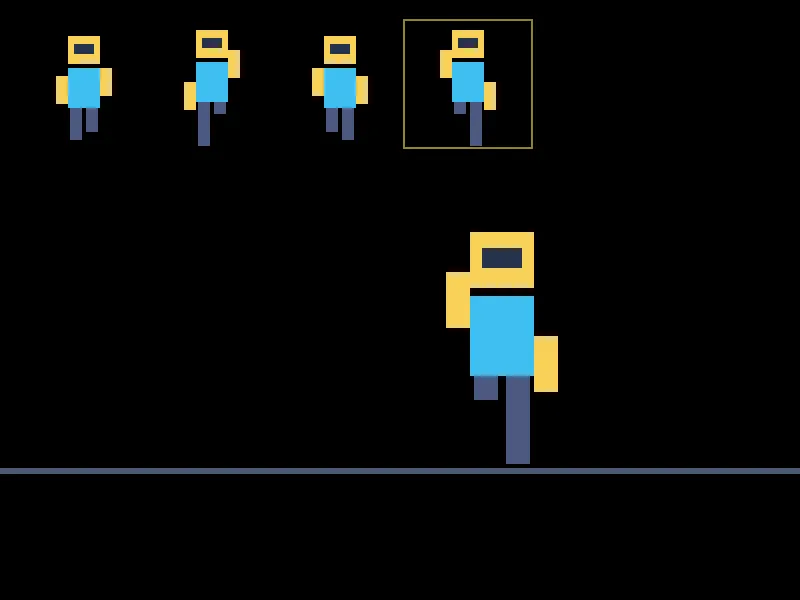 A black 800 by 600 window with the four-frame sprite sheet across the top, a yellow box around the fourth frame, and the same character drawn large in the middle standing on a gray floor line