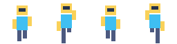 A sprite sheet: four 64 by 64 frames of the same small character, arms and legs in four different walking positions