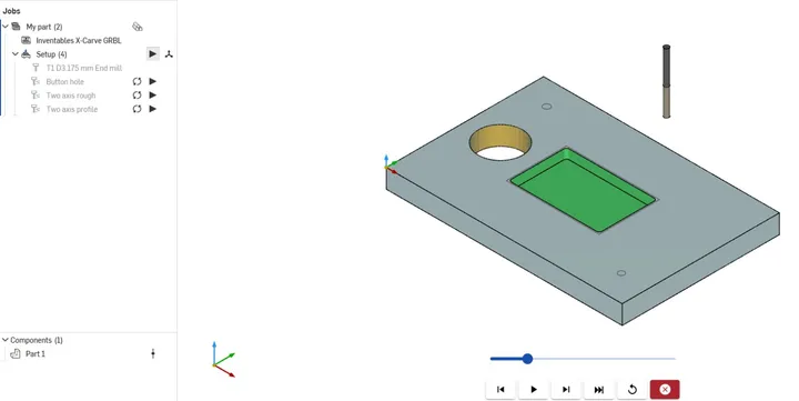 CAM Studio's Verify at the end of a job: the toolpath list reads Button hole, Two axis rough, Two axis profile, and the plate shows a round hole cut all the way through and a rectangular pocket cut into its top