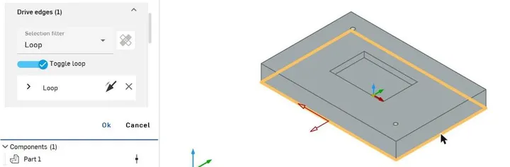 CAM Studio's Two axis profile panel with Drive edges open: the plate's bottom outline is highlighted orange, and a small red arrow crosses the front edge pointing away from the plate