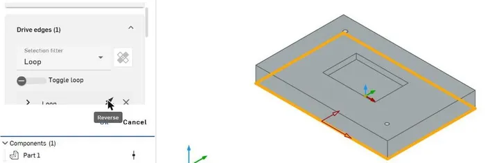 The same panel after clicking Reverse: the red arrow on the front edge now points into the plate, and the Reverse button's tooltip is showing