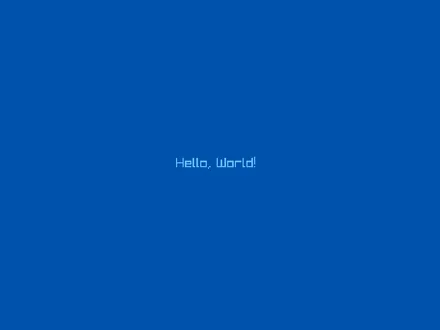 An 800 by 600 dark blue window with the words Hello, World! in pale blue near the middle