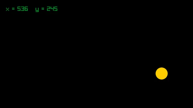 A black window with a gold circle in the lower right area and the text x = 536 y = 245 in green in the top left corner