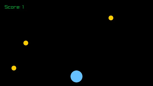 A black window with a large light blue circle near the bottom center, three gold circles falling above it, and the words Score: 1 in green in the top left corner