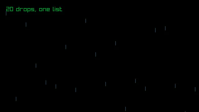 A black window with twenty thin light blue vertical lines scattered at different heights like falling rain, and the words 20 drops, one list in green in the top left corner