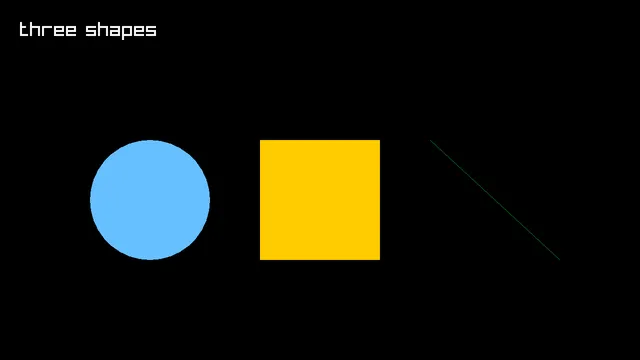 A black window with a light blue circle on the left, a gold square in the middle, a green diagonal line on the right, and the words three shapes in white in the top left corner