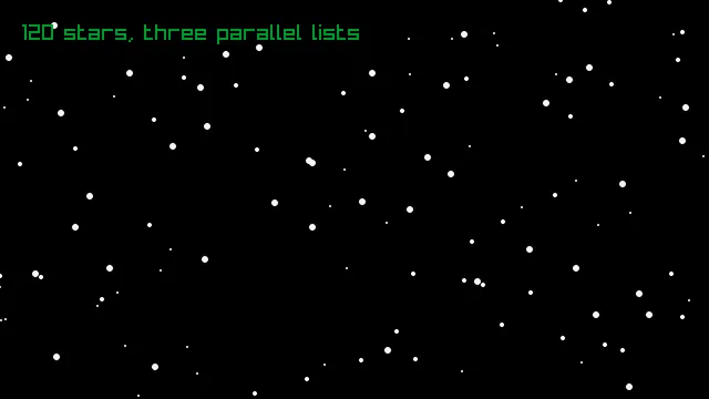A black window filled with about a hundred and twenty white dots of varying sizes, like a star field, with the words 120 stars, three parallel lists in green in the top left corner