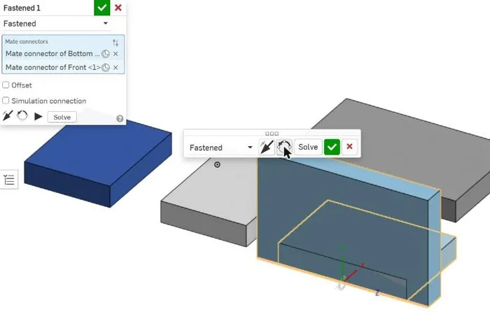 OnShape's Fastened mate with two mate connectors picked, one on the Bottom and one on the Front. The Front panel stands upright against the bottom's front edge. The pointer is on the Reorient secondary axis button, next to Flip primary axis and Solve. In this picture t is set to 20 mm, which makes the parts easier to see