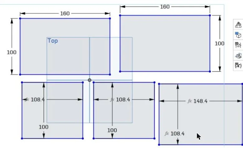 An OnShape sketch of five rectangles: two marked 160 by 100, two with fx 108.4 by 100, and one with fx 148.4 by fx 108.4. The fx marks the sizes that come from expressions