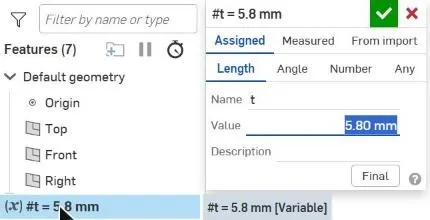 OnShape's Variable dialog on the Length tab, with Name t and Value 5.80 mm; the feature list shows #t = 5.8 mm