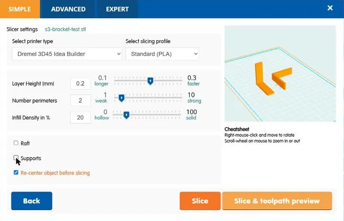 Print Cloud's slicer settings: printer Dremel 3D45 Idea Builder, profile Standard (PLA), layer height 0.2 mm, 2 perimeters, infill 20%, Supports unticked