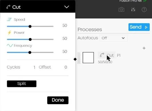 Epilog Pulse with a square in the Processes list as a Cut. Its settings panel is open, showing Speed, Power, and Frequency sliders, each at 50, with Cycles 1 and Offset 0