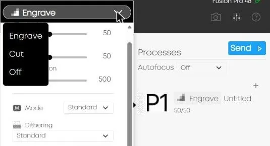 Epilog Pulse with the text P1 in the Processes list as an Engrave. The process menu is open, offering Engrave, Cut, and Off