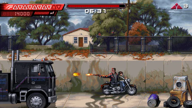 A Terminator side-scrolling game. The HUD shows a score of 88884000, a score multiplier of x1, a health bar, a timer at 06:37, and a remaining-lives count of 3